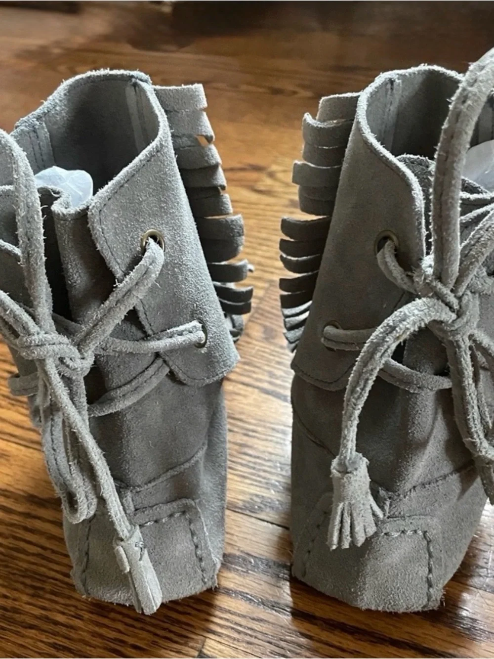 J. CREW Moccasins SIENNA Shoes Suede Leather Vintage PUTTY Gray Fringed Size 7.5